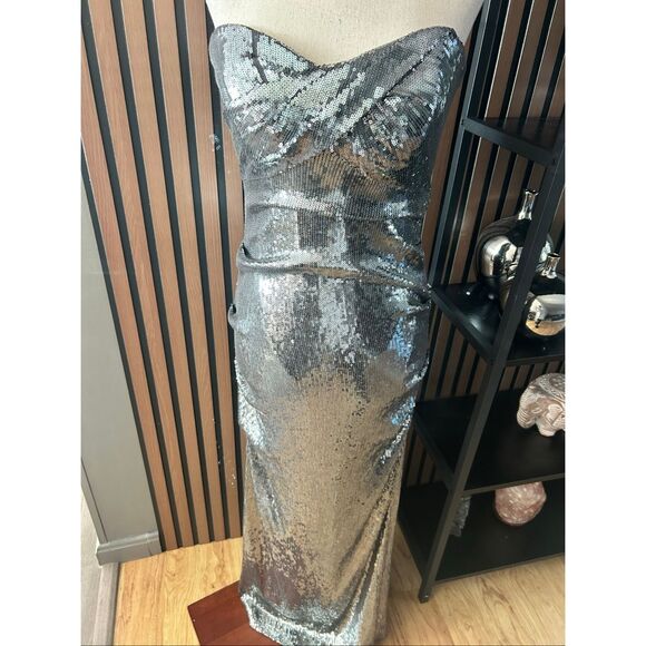 Nicole miller sparkly silver maxi strapless long dress size 8 mermaid style with - Picture 1 of 9